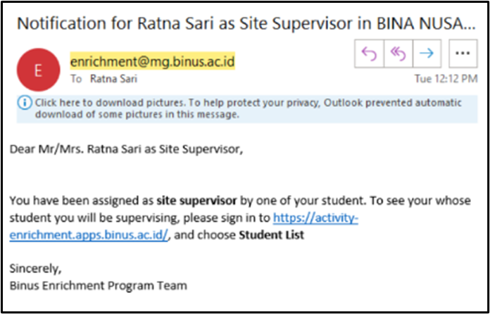 Email Notifikasi Penunjukan Site Supervisor