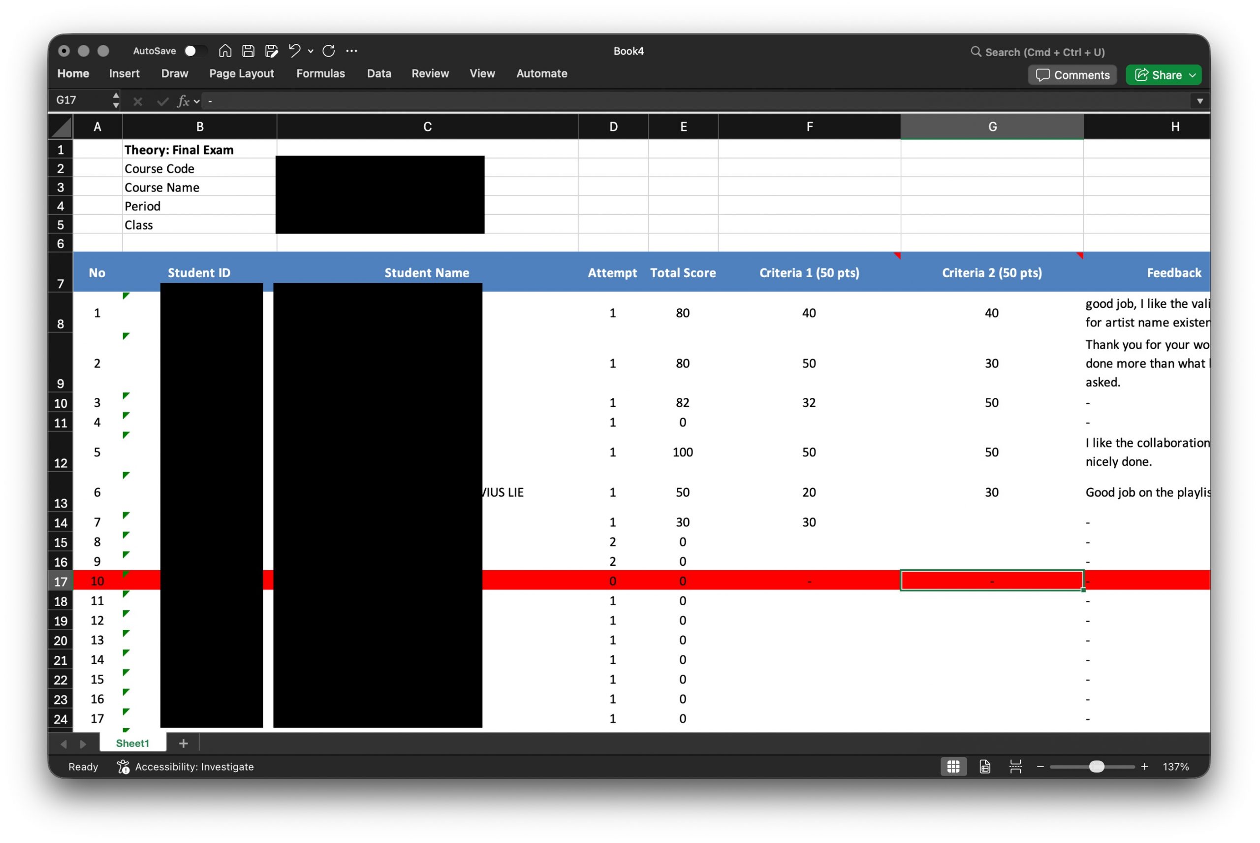 Score individual exam assessment excel score sheet